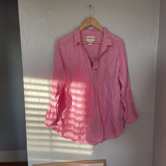 Cynthia Rowley Tops - Cynthia Rowley Women Linen Lagenlook Tunic Size 1X PInk 1/4 Button Long Sleeve